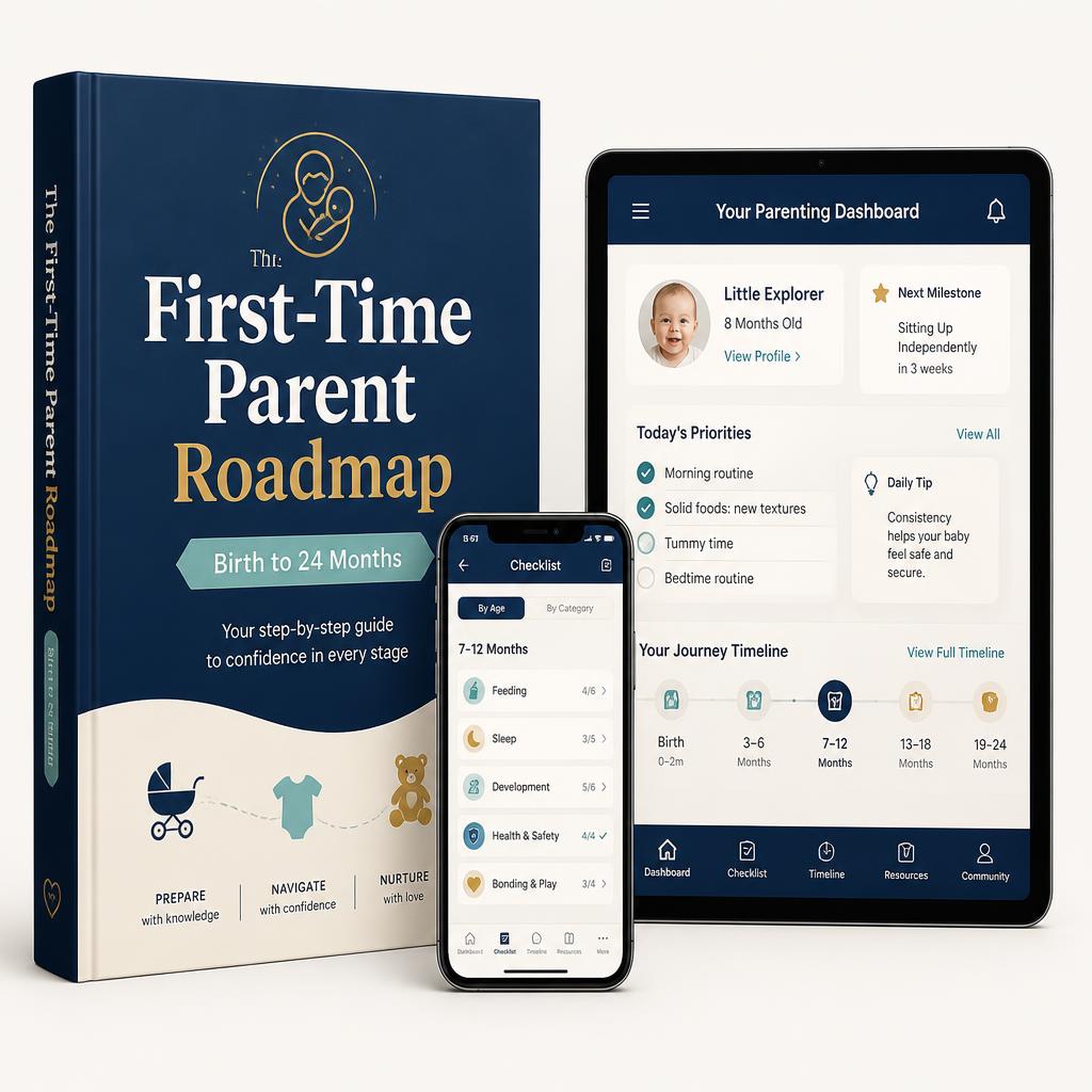 The First-Time Parent Roadmap book, tablet and phone showing a parenting dashboard